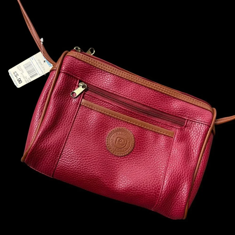 Vintage Red Purse Pacific Connections Shoulder Bag Crossbody 1990s Brown Trim - Picture 1 of 8